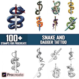 May include: A set of 100+ digital stamps for Procreate featuring snake and dagger tattoo designs. The stamps include various colors and styles, including black and white, green, blue, and orange.