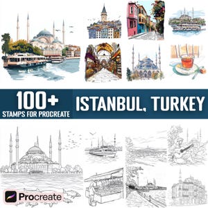 May include: A digital art collection featuring watercolor illustrations of Istanbul, Turkey. The image includes colorful cityscapes, mosques, boats, and street scenes. Text reads "100+ ISTANBUL, TURKEY STAMPS FOR PROCREATE". The Procreate logo is also visible.
