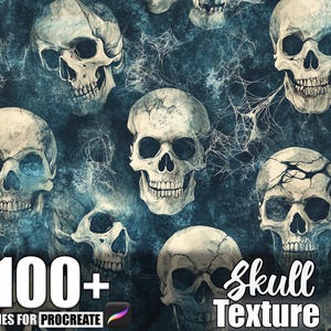 Puede incluir: Imagen de arte digital con un patrón repetido de calaveras detalladas y desgastadas en tonos blancos y grises sobre un fondo verde azulado oscuro. Incluye el texto "100+ Brushes for Procreate" y "Skull Texture".