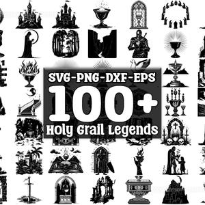 Peut inclure: Une collection de plus de 100 vecteurs graphiques en noir et blanc au format SVG, PNG, DXF et EPS, représentant une variété d'images liées aux légendes du Saint Graal. Les images comprennent des châteaux, des chevaliers, des épées, des calices et d'autres symboles.