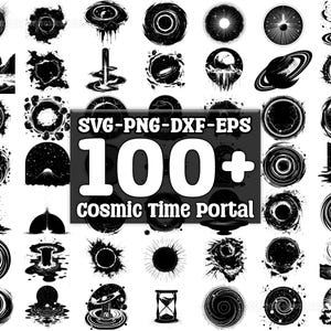 Op de afbeelding: Een verzameling van meer dan 100 zwart-wit vectorafbeeldingen met ontwerpen voor kosmische tijdportalen. De afbeeldingen omvatten draaiende sterrenstelsels, sterren, planeten en andere hemelse elementen.