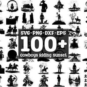 Könnte beinhalten: Eine Sammlung von über 100 Schwarzweiß-Silhouettenillustrationen von Cowboys, die im Sonnenuntergang reiten. Die Illustrationen sind in verschiedenen Posen und Umgebungen gehalten und eignen sich perfekt für Bastelprojekte, Scrapbooking oder digitales Design.