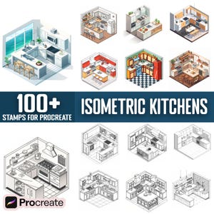 100+ Isometric Kitchen Procreate Stamps, Brushes for Procreate, Instant Digital Download