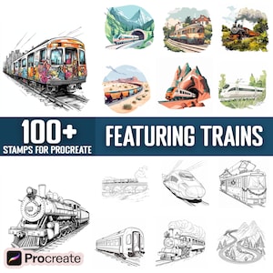 May include: A set of 100+ digital stamps for Procreate featuring various train illustrations. The stamps include trains in different styles, from vintage steam engines to modern bullet trains. The illustrations are in black and white and are perfect for adding a touch of whimsy to your digital art.