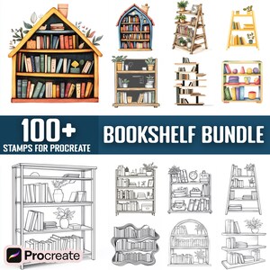 May include: A set of 100+ digital stamps for Procreate featuring various bookshelf designs. The stamps include both colored and black and white illustrations of bookshelves with books, plants, and other decorative elements.