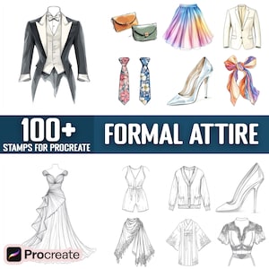 Pu&ograve; includere: Oltre 100 timbri di abbigliamento formale per Procreate. Una collezione di timbri digitali con varie illustrazioni di abiti formali, tra cui uno smoking, un vestito, una gonna, una cravatta, un paio di scarpe, uno scialle, un cardigan e una blusa.