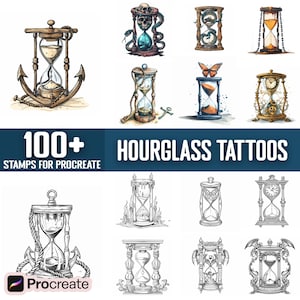 May include: A collection of hourglass designs, including illustrations and stamps. The image features various styles, from classic to ornate, with elements like anchors, snakes, and butterflies. Text reads "100+ Hourglass Tattoos Stamps for Procreate."