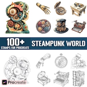 Puede incluir: Un conjunto de más de 100 sellos digitales para Procreate con ilustraciones de temática steampunk. Los sellos incluyen engranajes, relojes, robots y otros diseños intrincados.
