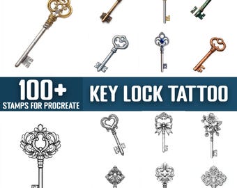 May include: A set of 100+ key and lock tattoo stamps for Procreate. The stamps feature a variety of styles, including ornate, simple, and vintage. The stamps are perfect for adding a touch of whimsy to your digital art.