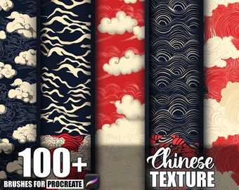 May include: A digital art graphic featuring six vertical panels with Chinese-inspired patterns. The panels display cloud, wave, and abstract designs in navy, red, and cream colors. Text includes "100+ BRUSHES FOR PROCREATE" and "Chinese TEXTURE".