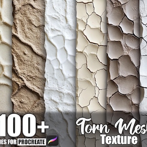 Puede incluir: Una colección de texturas digitales con una apariencia de malla agrietada y rasgada. Las texturas varían en color, incluyendo tonos de beige, marrón y blanco. La imagen incluye el texto "100+ Brushes for Procreate" y "Torn Mesh Texture".