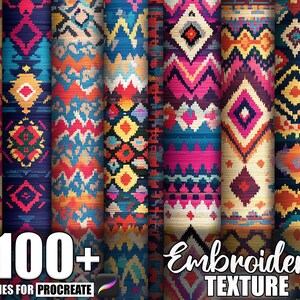 Könnte beinhalten: Eine Sammlung farbenfroher Sticktextur-Pinsel für Procreate. Das Bild zeigt verschiedene Muster in Rosa-, Blau-, Gelb- und Orangetönen. Der Text "100+ Embroidery Texture" ist sichtbar, was auf ein digitales Produkt hindeutet.