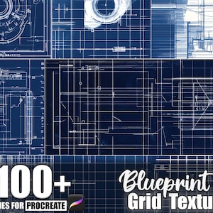 Puede incluir: Imagen digital que muestra varias texturas de cuadrícula de planos en azul y blanco. La imagen incluye dibujos arquitectónicos y técnicos, con el texto "100+ Brushes for Procreate" y "Blueprint Grid Texture".