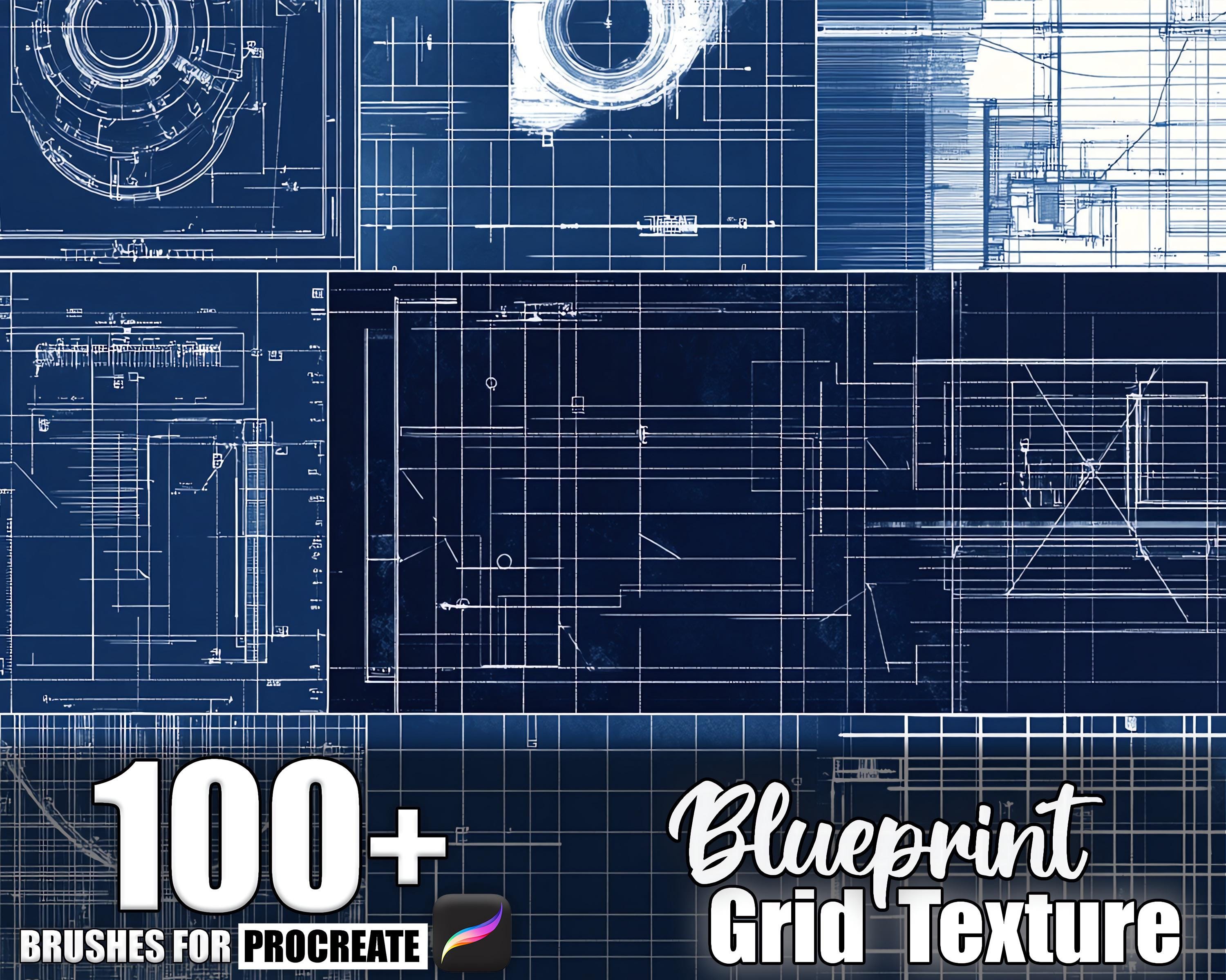 100+ Pinceles y Texturas de Cuadrícula Blueprint para Procreate — Trama sin cortes, isométrica y guías punteadas