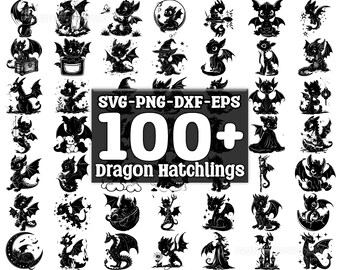 May include: A collection of 100+ black and white SVG, PNG, DXF, and EPS vector files featuring cute dragon hatchlings in various poses. The text "SVG-PNG-DXF-EPS 100+ Dragon Hatchlings" is displayed in a banner at the top of the image.