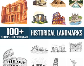 100+ Historical Landmarks Procreate Stamps, Brushes for Procreate, Instant Digital Download