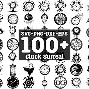 May include: A collection of 100+ black and white clock designs in various styles, including surreal, abstract, and traditional. The designs are perfect for crafting, scrapbooking, and digital projects. SVG, PNG, DXF, and EPS file formats are included.