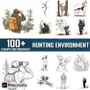 Puede incluir: Un conjunto de más de 100 sellos de entorno de caza para Procreate, con ilustraciones de animales, cazadores y escenas de la naturaleza. Los sellos están diseñados para su uso en arte digital e ilustración.