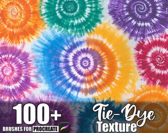 Op de afbeelding: Een afbeelding met kleurrijke tie-dye patronen in oranje, turquoise, paars, blauw en roze. De afbeelding bevat de tekst "100+ Brushes for Procreate" en "Tie-Dye Texture."