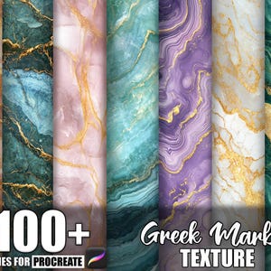 May include: A selection of digital marble textures in shades of brown, green, blue, pink, purple, and white, with gold veining. The image features the text "100+ Brushes for Procreate" and "Greek Marble Texture."