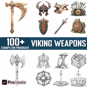 Könnte beinhalten: Ein Set mit über 100 Wikinger-Waffenstempeln für Procreate, mit Äxten, Schwertern, Schilden, Helmen und anderen Wikinger-Motiven. Die Stempel sind für die Verwendung in digitaler Kunst und Illustration konzipiert.