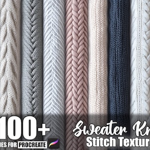 Puede incluir: Una colección de varias texturas de puntadas de punto de suéter en tonos de azul, gris, blanco y rosa. La imagen muestra diferentes patrones de punto, incluyendo diseños de cable, espiga y trenzados. El texto en la parte inferior dice "100+ Brushes for Procreate" y "Sweater Knit Stitch Texture."