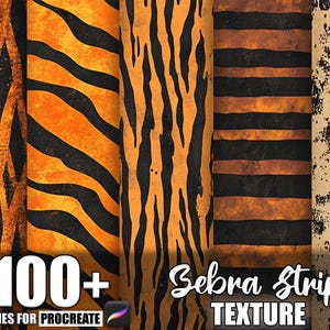 May include: A digital art graphic featuring various animal print textures, including zebra stripes and leopard spots. The image includes the text "100+ Brushes for Procreate" and "Zebra Stripes Texture."