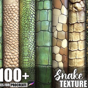 May include: A digital art graphic showcasing diverse snake skin textures in green, tan, and brown hues. The image includes the text "100+ Brushes for Procreate" and "Snake Texture".