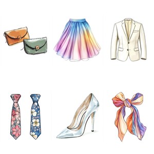 Pu&ograve; includere: Un set di accessori di moda che include un blazer bianco, una gonna a gradiente arcobaleno, un paio di tacchi alti argentati, due cravatte fantasia, una pochette verde e marrone e un fiocco colorato.