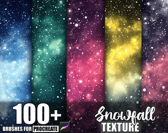 May include: A digital art graphic featuring a collection of colorful, textured backgrounds with a snowfall effect. The image includes text that reads "100+ Brushes for Procreate" and "Snowfall Texture."
