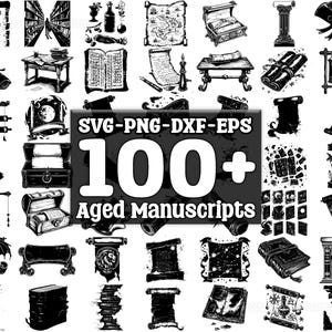 May include: A collection of 100+ black and white illustrations of aged manuscripts, scrolls, books, and other vintage elements.  SVG-PNG-DXF-EPS.