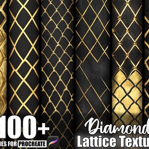 Può includere: Una collezione di pennelli digitali per Procreate, con varie texture a reticolo di diamanti in oro e nero. L'immagine mostra più rotoli con diversi motivi, tra cui disegni geometrici e testurizzati. Il testo recita "100+ Brushes for Procreate" e "Diamond Lattice Texture."
