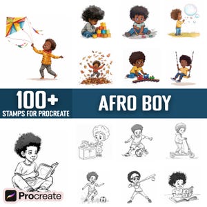 Könnte beinhalten: Ein Set mit über 100 digitalen Stempeln für Procreate mit Illustrationen von schwarzen Jungen in verschiedenen Aktivitäten, darunter Spielen mit Spielzeug, Lesen und Sport treiben. Die Stempel sind sowohl in Farbe als auch in Schwarzweiß.