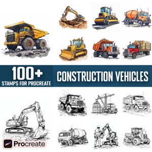 100+ Procreate-stempels voor bouwvoertuigen, penselen voor Procreate, directe digitale download