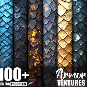 Puede incluir: Imagen de arte digital que muestra una variedad de texturas de armadura en una gama de colores, incluyendo azul, negro, dorado y bronce. La imagen incluye el texto "100+ Brushes for Procreate" y "Armor Textures". Las texturas están diseñadas para parecer escamas.