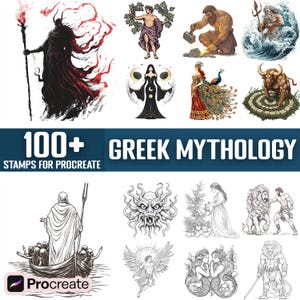 Puede incluir: Un conjunto de más de 100 sellos digitales para Procreate con ilustraciones de personajes y criaturas de la mitología griega. Los sellos incluyen imágenes de dioses, diosas, monstruos y criaturas míticas.