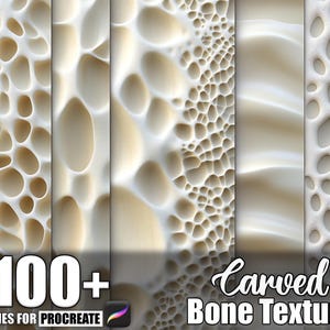 Puede incluir: Un activo de arte digital que muestra texturas de hueso talladas. La imagen presenta varios patrones porosos y texturizados de color blanquecino, con el texto "100+ Brushes for Procreate" y "Carved Bone Texture".