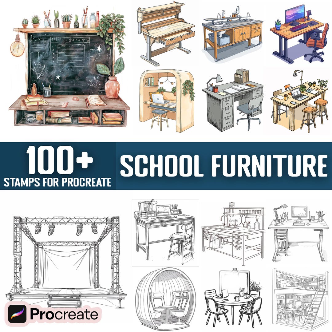 100+ School Furniture Procreate Stamps, Brushes for Procreate, Instant ...