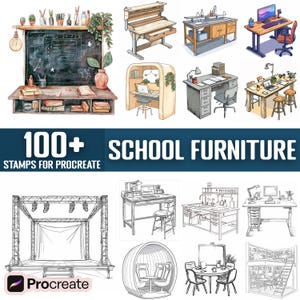 Peut inclure: Un ensemble de plus de 100 tampons de mobilier scolaire dessinés à la main pour Procreate. Les tampons comprennent des bureaux, des chaises, des tables, une scène, une bibliothèque, un tableau noir et plus encore. Les tampons sont parfaits pour créer des illustrations, des arrière-plans et d'autres œuvres d'art numériques.