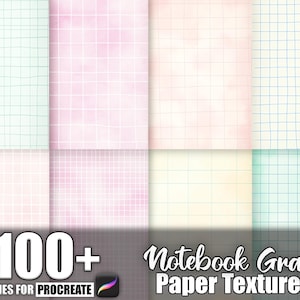 Pode incluir: Uma coleção de texturas digitais de papel de caderno em várias cores pastel, incluindo rosa, verde e amarelo, com linhas de grade. A imagem inclui o texto "100+ Brushes for Procreate" e "Notebook Graph Paper Texture."