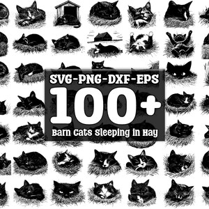 May include: A collection of 100+ black and white SVG cut files featuring barn cats sleeping in hay.  The files are perfect for crafting projects, scrapbooking, and more.  SVG - PNG - DXF - EPS