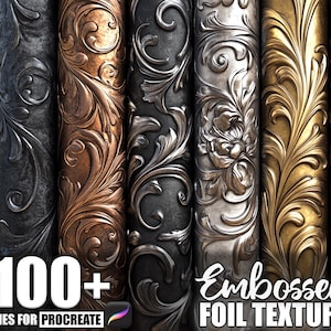 Puede incluir: Una colección de texturas de lámina en relieve en varios colores metálicos, incluyendo plata, bronce y oro. Las texturas presentan intrincados diseños florales y de volutas. La imagen incluye el texto "100+ Brushes for Procreate" y "Embossed Foil Texture".