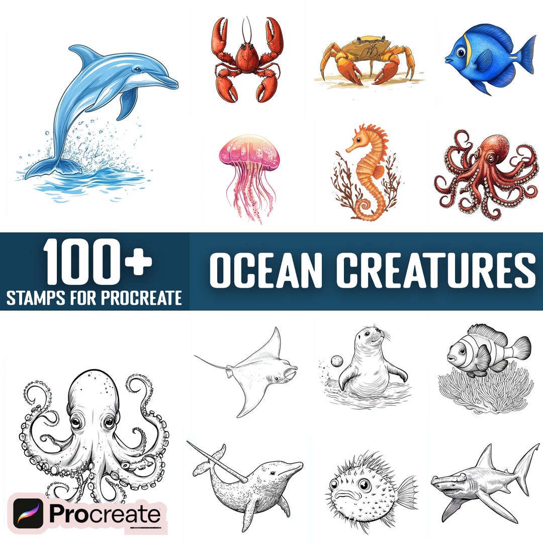100+ Ocean Creatures Procreate Stamps, Brushes for Procreate, Instant ...