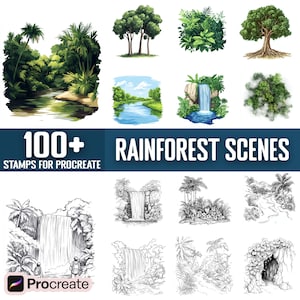 May include: A set of 100+ rainforest scene stamps for Procreate, featuring illustrations of waterfalls, rivers, trees, and foliage. The stamps are in black and white and color.