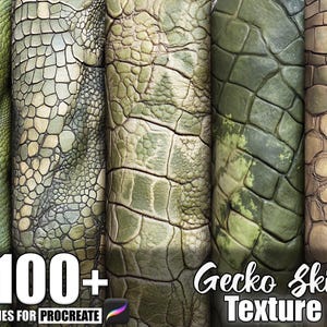 May include: A close-up of several textured surfaces resembling gecko skin in shades of green and tan. The image includes the text "100+ Brushes for Procreate" and "Gecko Skin Texture".