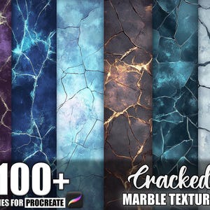 May include: A collection of digital cracked marble textures in various colors, including purple, blue, and brown. The image features the text "100+ Brushes for Procreate" and "Cracked Marble Textures".