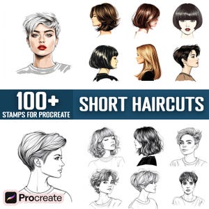 Op de afbeelding: Een set van 100+ korte kapsel illustraties voor Procreate. De illustraties zijn in zwart-wit en kleur, en tonen een verscheidenheid aan kapsels, waaronder pixie-cuts, bobs en shags.