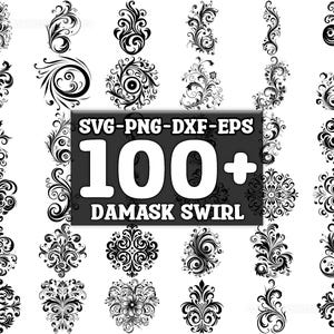 May include: A collection of 100+ black and white damask swirl designs. The designs are intricate and detailed, and they would be perfect for use in a variety of projects, such as scrapbooking, card making, and home decor.