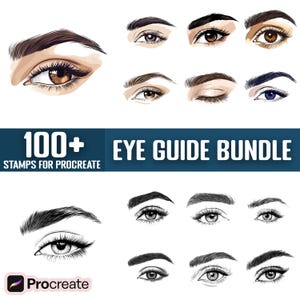 May include: A set of 100+ eye guide stamps for Procreate, featuring various eye shapes, sizes, and styles. The stamps are designed to help artists create realistic and expressive eyes.