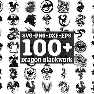 May include: A collection of over 100 black and white dragon illustrations in various poses and styles. The illustrations are perfect for use in digital and physical crafts, such as t-shirts, mugs, stickers, and more. SVG, PNG, DXF, and EPS file formats are included.